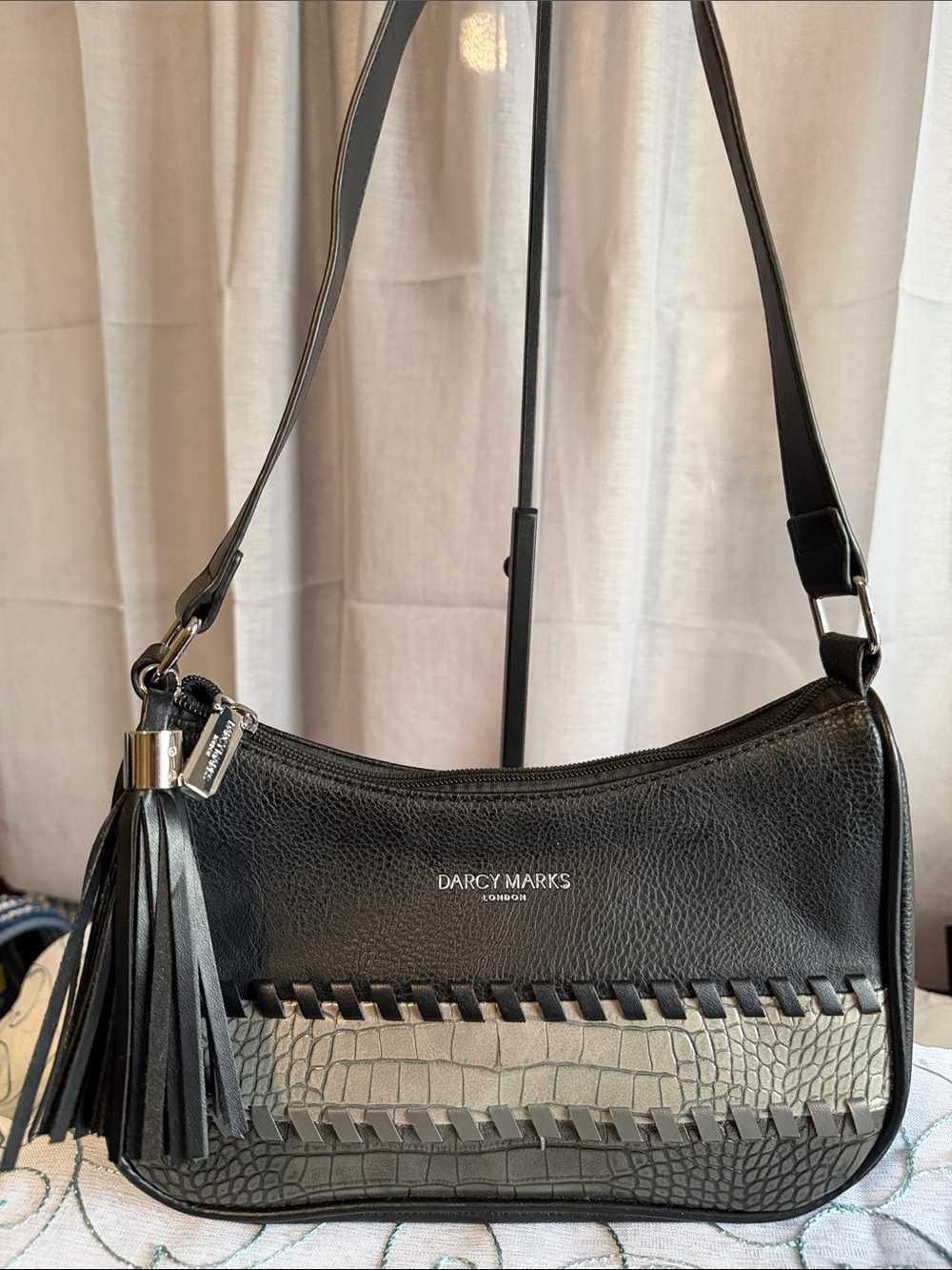 Darcy Marks Black Croc-Accent Leather Shoulder Bag with Tassel